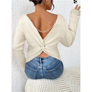 Women's Elegant Red Twist Back Pearl Chain Crew Neck Long Sleeve Sweater
